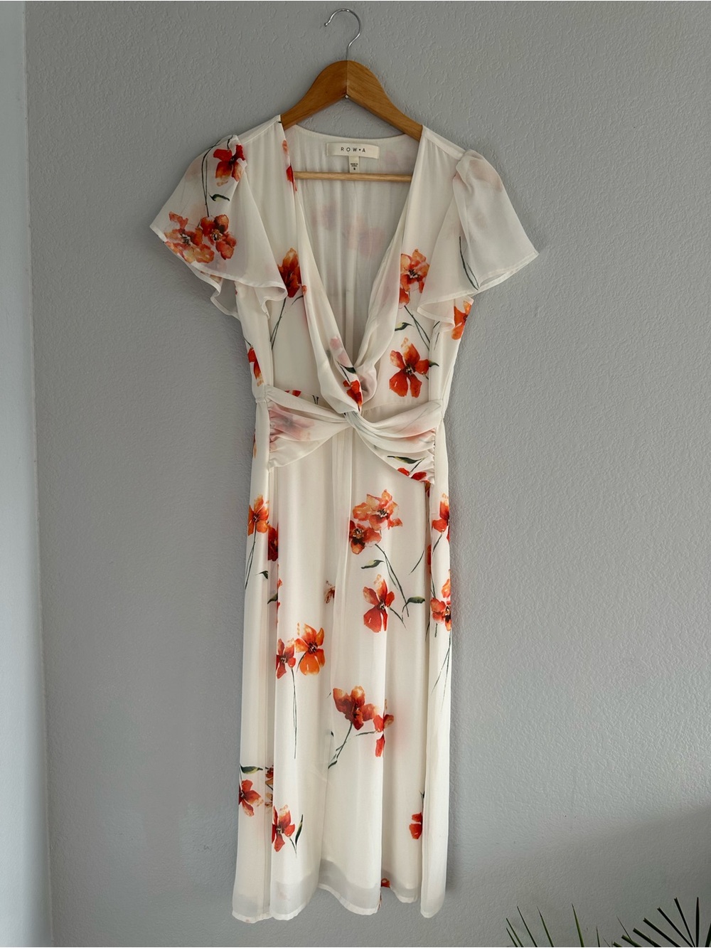 ROMA Cream Midi Dress with Orange Floral Print and Twist Front
